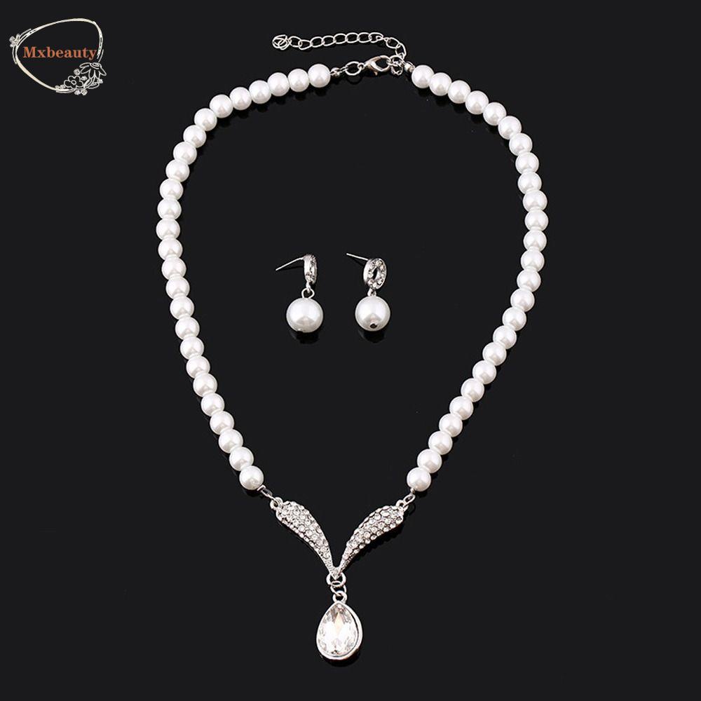 Mxbeauty Set Perhiasan Pernikahan Pengantin Elegan Bergaya Temperamen Mutiara Bunga Berlian Imitasi Alloy Gaya Korea Menjuntai Anting