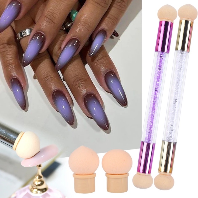 Kuas Pen Nail Art Gradasi Dua Kepala/Akrilik Berlian Imitasi Gagang Spons Kuku Manicure Tools