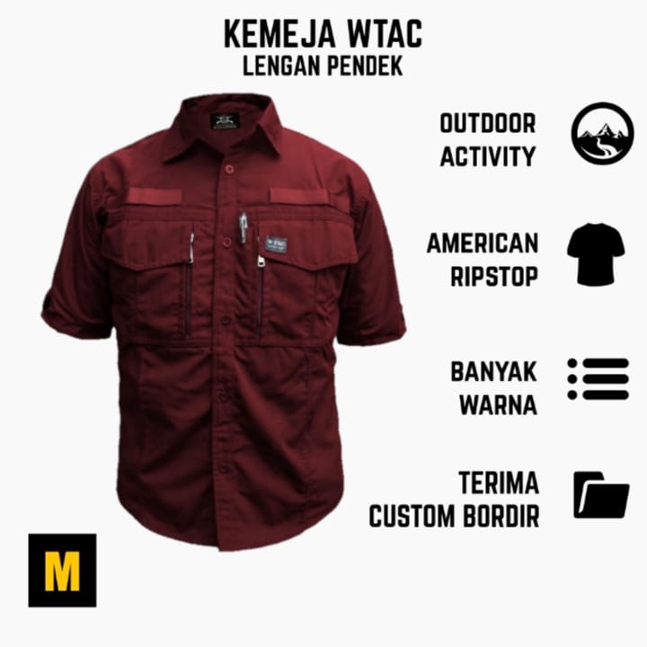 kemeja lapangan W-tac pendek MAROON (CUSTOM BORDIR) / BISA COD / PREMIUM / KAMEJA LAPANGAN / HIGH QU