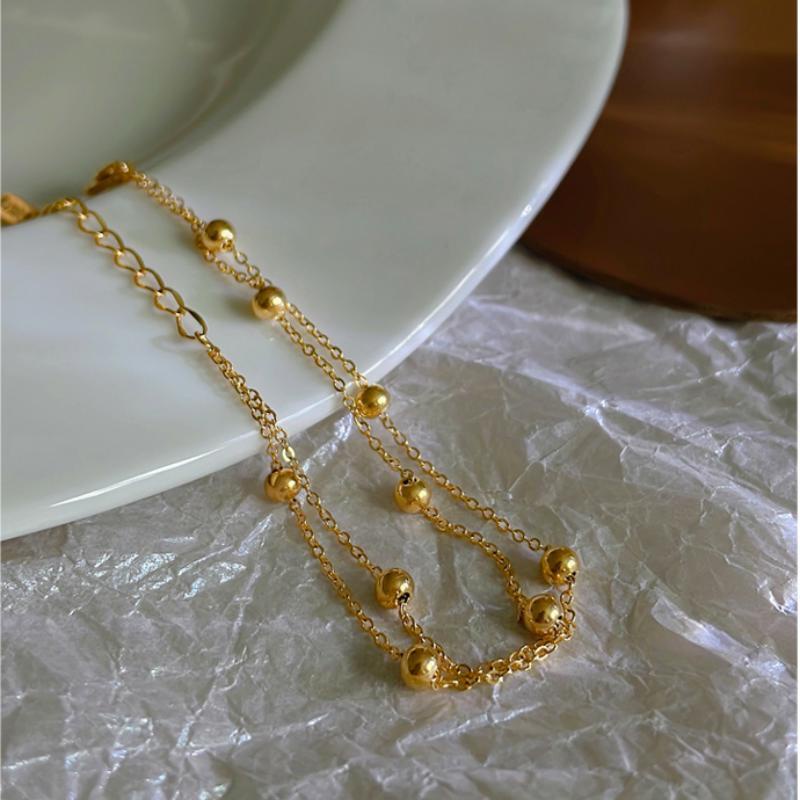 Gelang titanium Anti Karat Emas 18K Wanita Rantai Ganda Keberuntungan Manik Tangan Ornamen