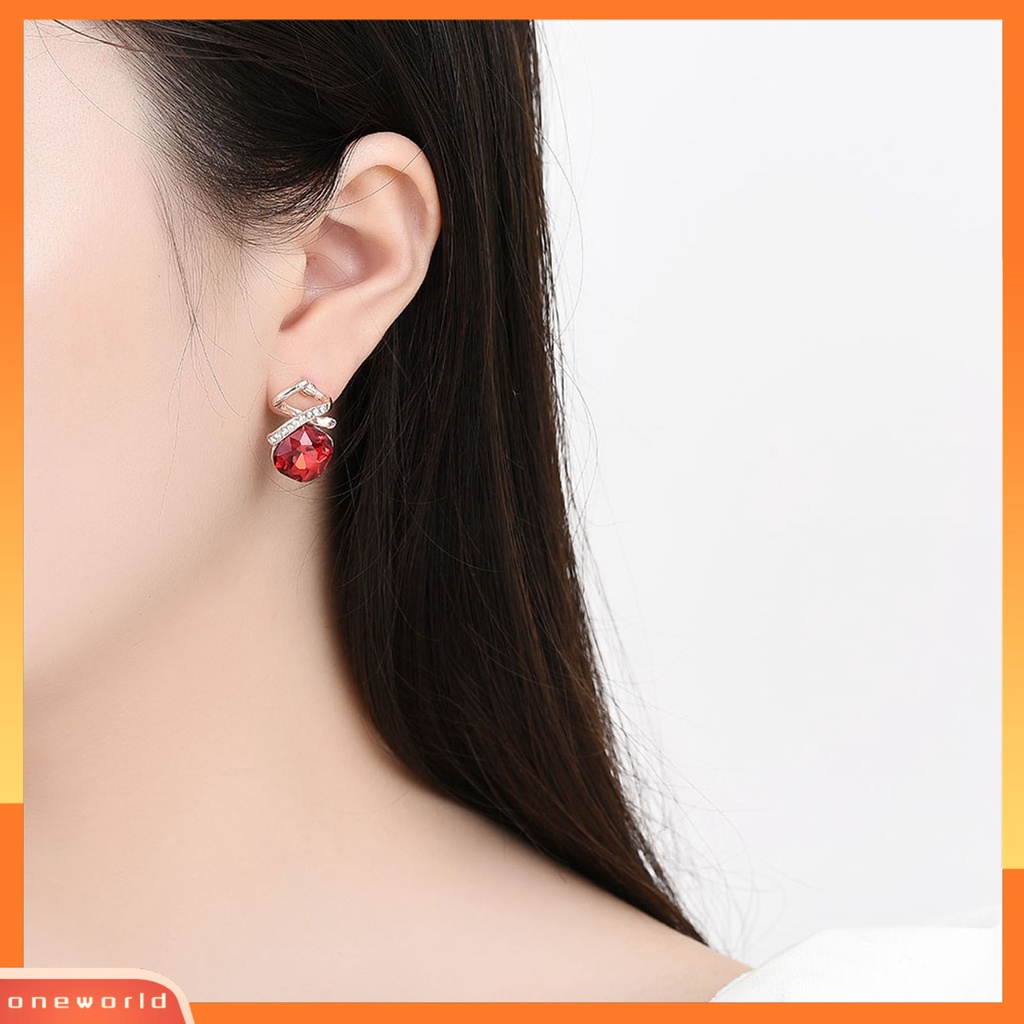 [ONE] 1set Wanita Kalung Geometris Cubic Zirconia Memutar Elegan Merah Persegi Berlian Imitasi Bertatahkan Stud Earrings Kit Fashion Perhiasan