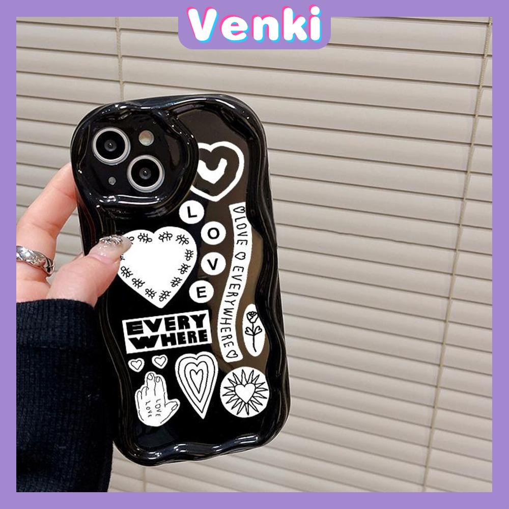 VENKI - Untuk iPhone 11 Case Curved Edge Wave Case Glossy Black TPU Airbag Shockproof Camera Case Surat Cinta Lucu Kompatibel dengan iPhone 14 13 Pro max 12 Pro Max xr xs 7Plus 8Plus