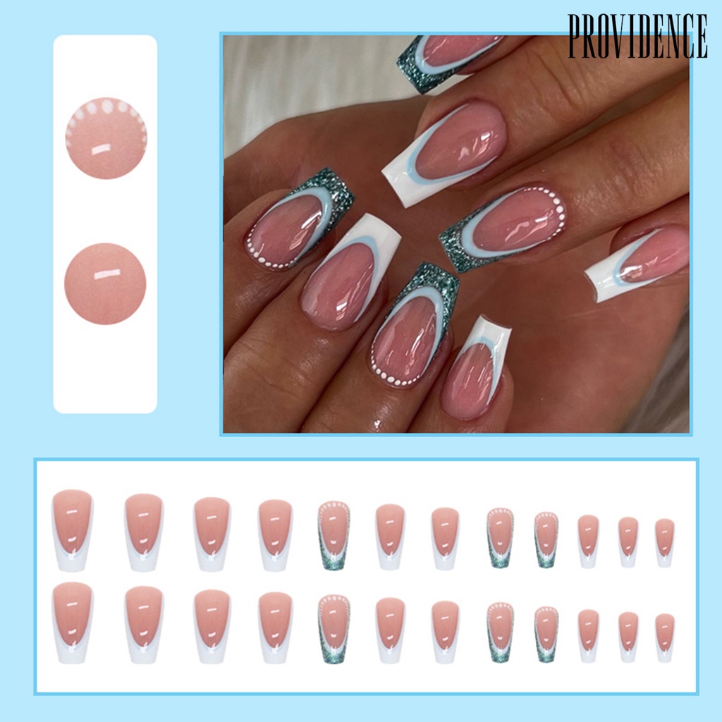 Providence 24Pcs/Set Tips Kuku Tidak Bahaya Dilepas Dekorasi Yang Indah Pengerjaan Halus DIY Eye-catching Balet French Glitter Nail Art Patch Rumah Tangga Pasokan