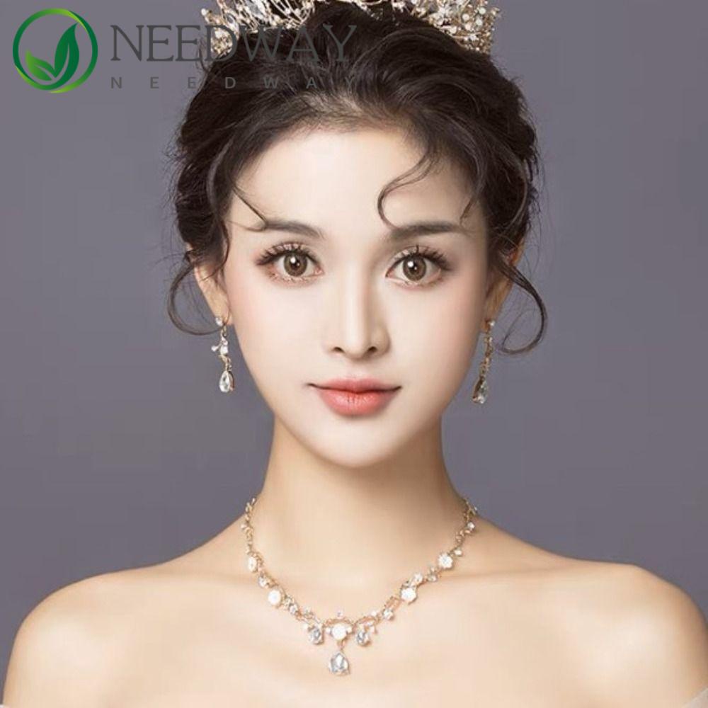 Needway   Set Perhiasan Pernikahan Perak Trendy Daun Emas Kawin Mewah Unik Kalung Kristal Mengkilap