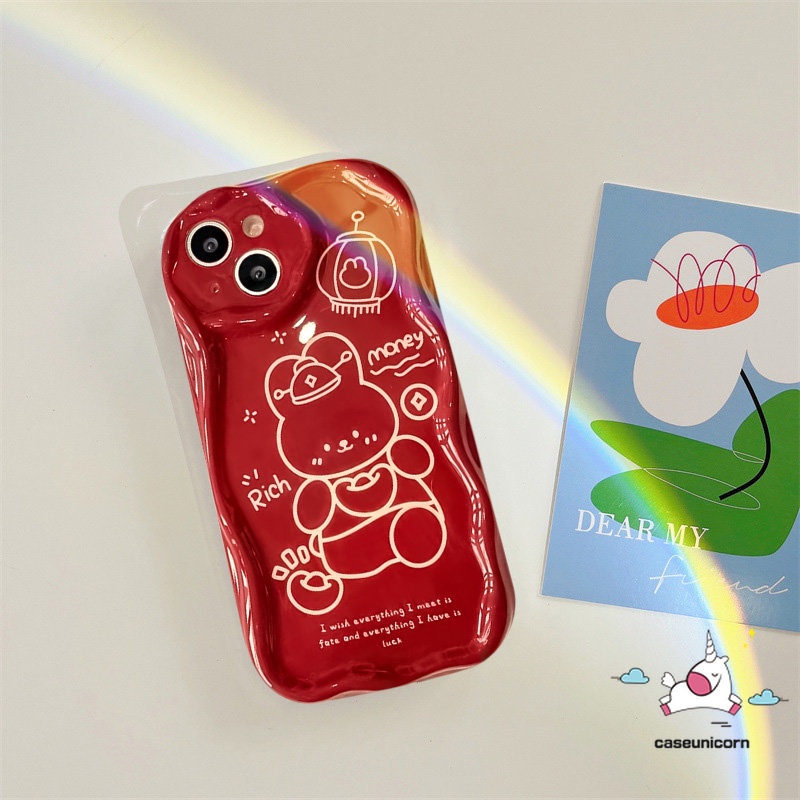 Case Glossy Kotak-Kotak Kartun Merah Untuk Redmi 9C NFC 10C 10A A2 A1 10 9A 9T 9 POCO M3 Redmi Note8 11 9 10s 12 10 11s Pro Max 3D Tepi Melengkung Bergelombang Tahun Baru Kaya Lucu Kelinci Cover