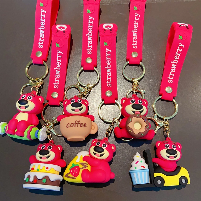 Kartun Strawberry Bear Dessert Keychain Pendant Gantungan Kunci Mobil Bookbag Pendant Key Ring