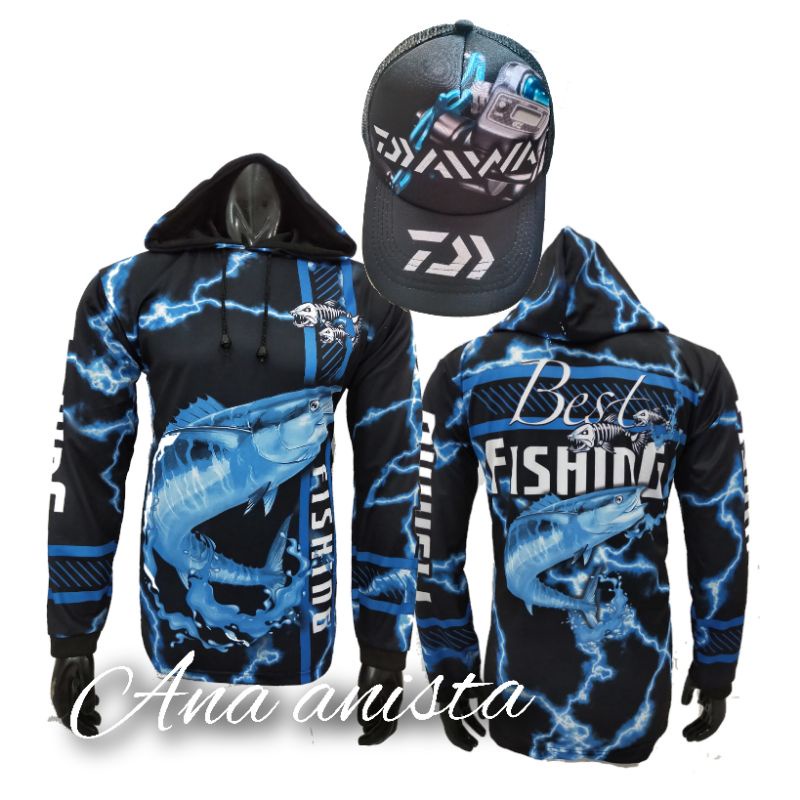 PROMO TERMURAH SETELAN KAOS BAJU JERSEY + TOPI BLUE DAIWA LENGAN PANJANG
