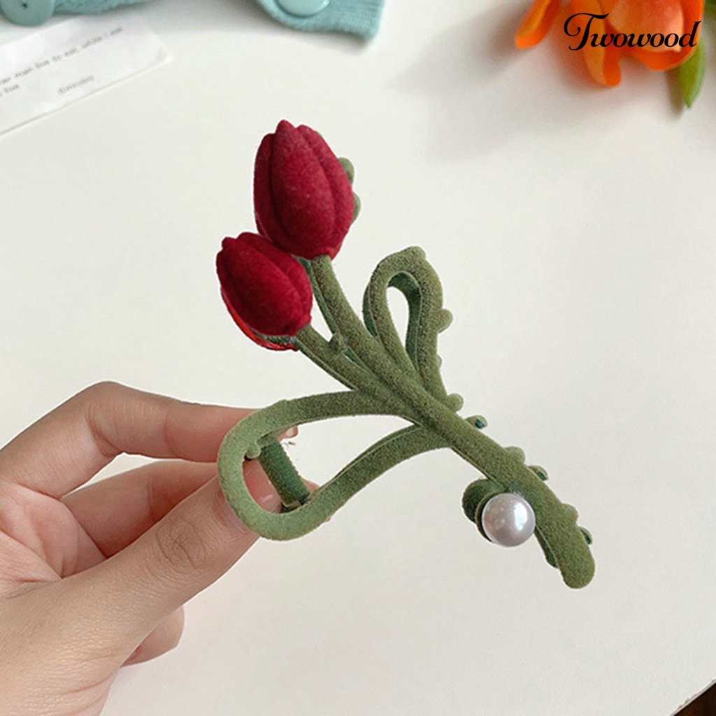 Twowood Women Hair Gripper Great Fidelity Bentuk Tulip Mutiara Imitasi Berongga Keluar Warna Kontras Hiasan Rambut Bunga Hidup Dengan Gigi Hair Claw Hiasan Rambut