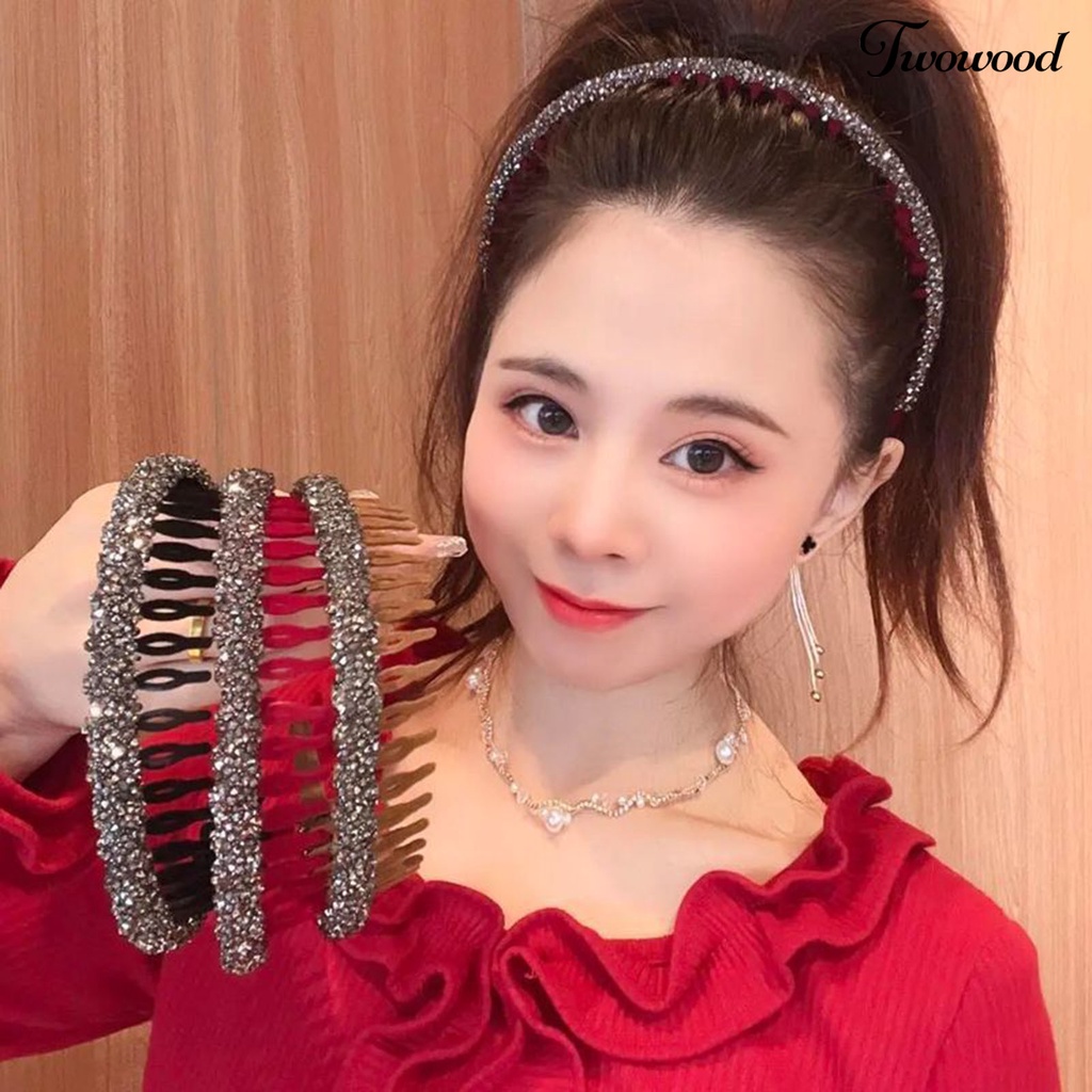 Twowood Lady Wavy Headband Non-slip Berlian Imitasi Mengkilap Bergigi Narrow Band Rambut Bezel Cuci Muka Lady Hair Hoop Aksesoris Rambut