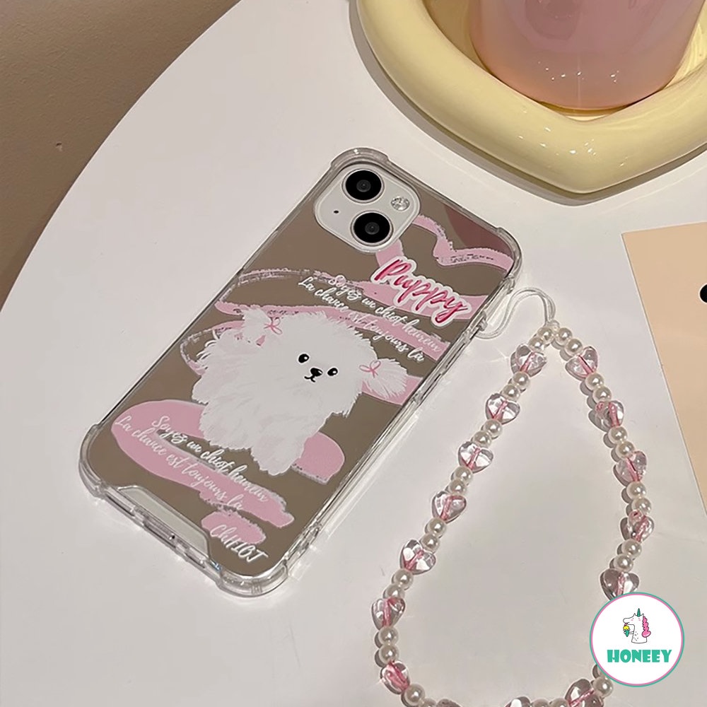 IPHONE Cermin Dikepang Anjing Dengan Kristal Hati Cord Case Untuk Iphone14 13 12 11 Pro Max X XR Lembut Shockproof Handphone Cover