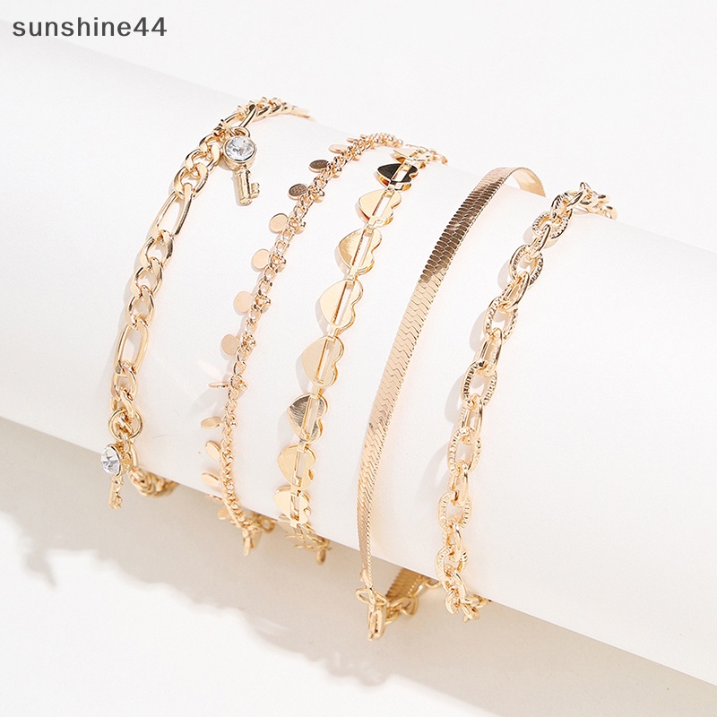 Sunshine 5pcs /set Gelang Kaki Rantai Warna Emas Bohemia Seksi Untuk Wanita Perhiasan Tren Musim Panas Manik Gelang Di Kaki Kaki Kaki Boho Hati Kupu-Kupu Pesona ID