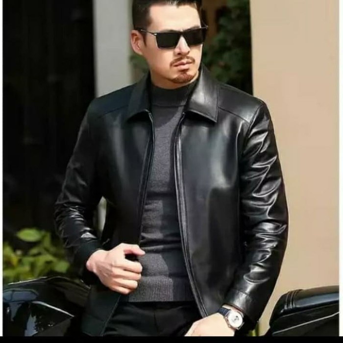 Jaket Kulit Casual Pria Polos Hitam Jaket Kulit Garut FLO-63