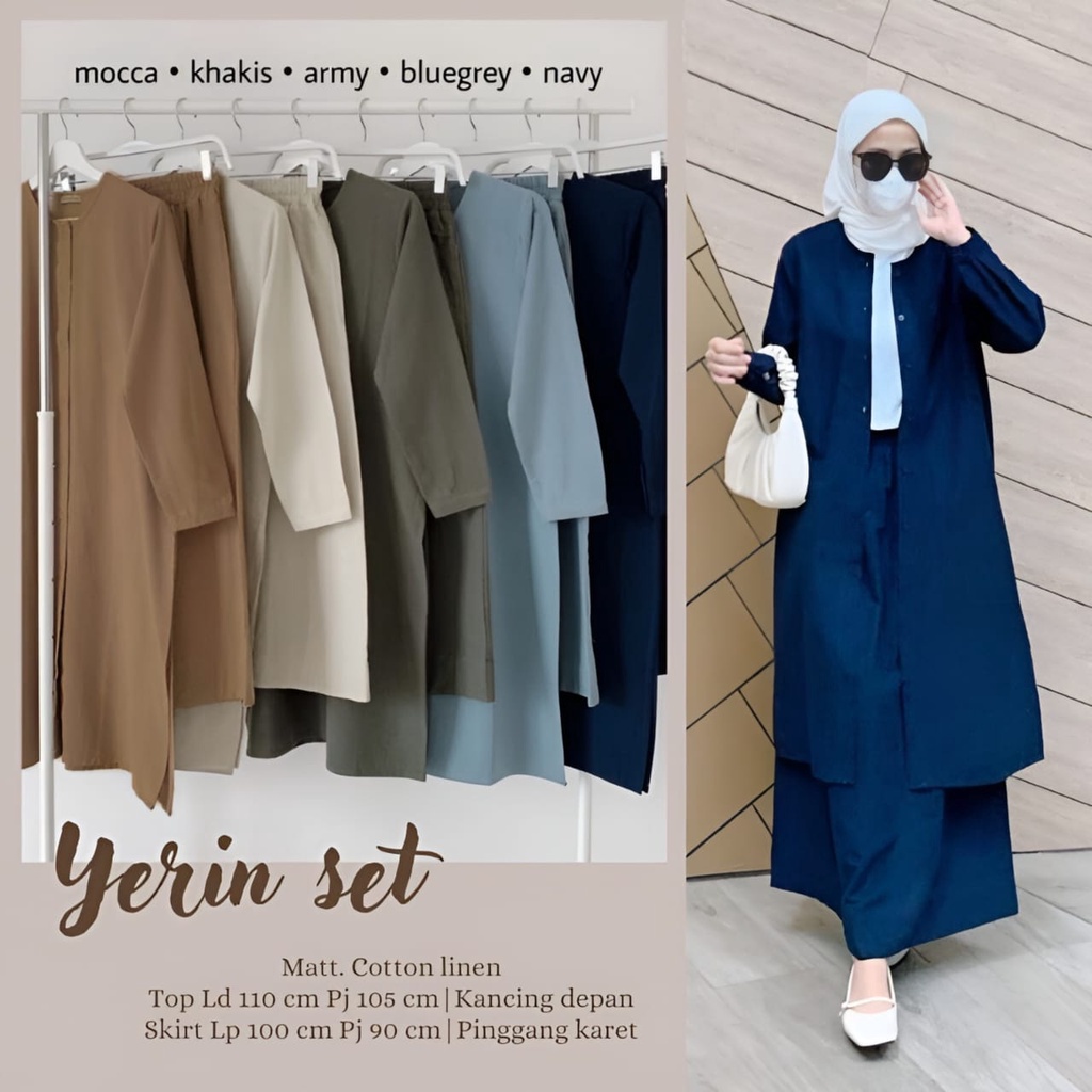 Yerin Set 2in1 Wanita Muslim Setelan Modern Katun Linen Polos Basic All Size XL Besar OOTD Casual Daily