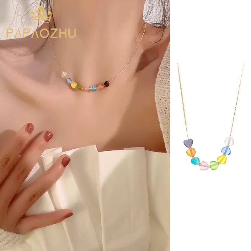 Papaozhu Indah Pelangi Akrilik Jantung Manik-Manik Liontin Kalung Untuk Wanita Gadis Korea Musim Panas Fashion Warna-Warni Cinta Pesona Choker Necklaces Jewelry