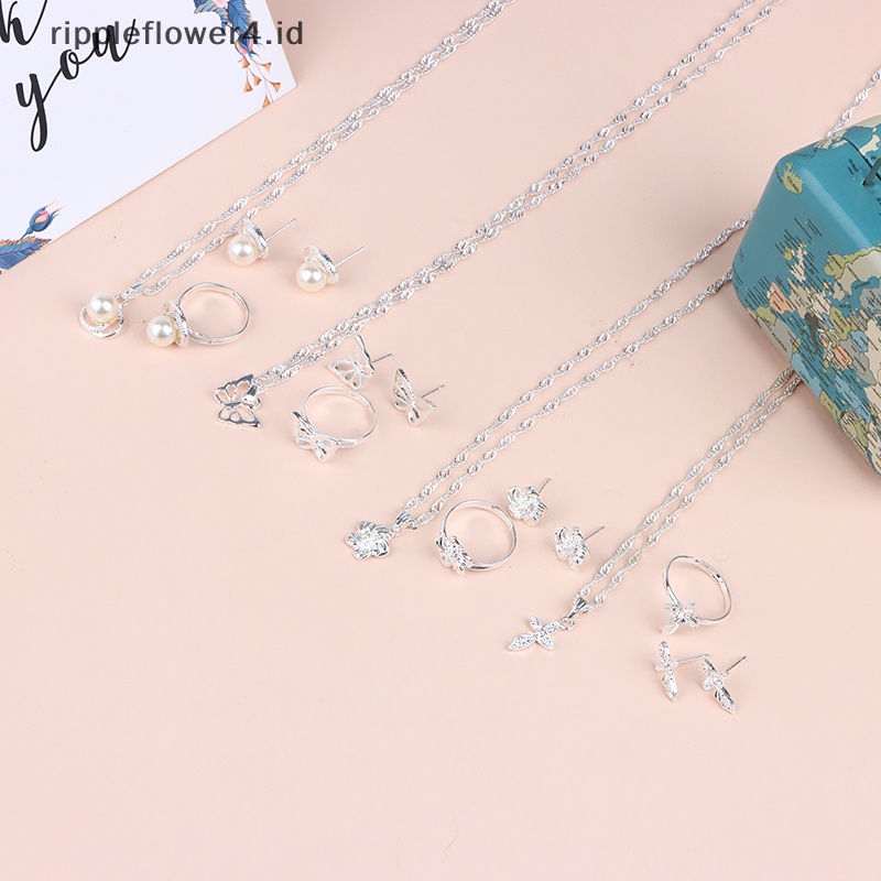 {rippleflower4.id} Mutiara Imitasi Halus Kupu-Kupu Bunga Anting Cincin Kalung Pernikahan Set Untuk Wanita Fashion Perhiasan Pengantin Berlapis Perak Hadiah Pesta~