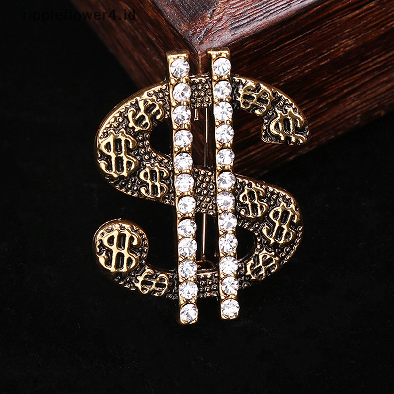{rippleflower4.id} Berlian Imitasi Vintage Tanda Dolar Bros Mantel Pin Hip Hop Wanita Pria Perhiasan Hadiah~
