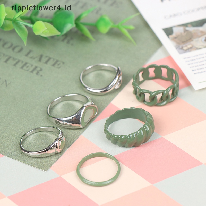 {rippleflower4.id} 6pcs Cincin Tangan Vintage Peluk Hijau Untuk Wanita INS Gaya Cinta Hati Cincin~