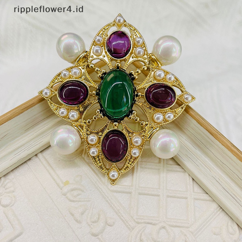 {rippleflower4.id} Warna-warni Vintage Berongga Ukir Mutiara Bros Kaca Imitasi Cross Pin Niche Pakaian Fashion Bros Mantel Perhiasan Aksesoris~