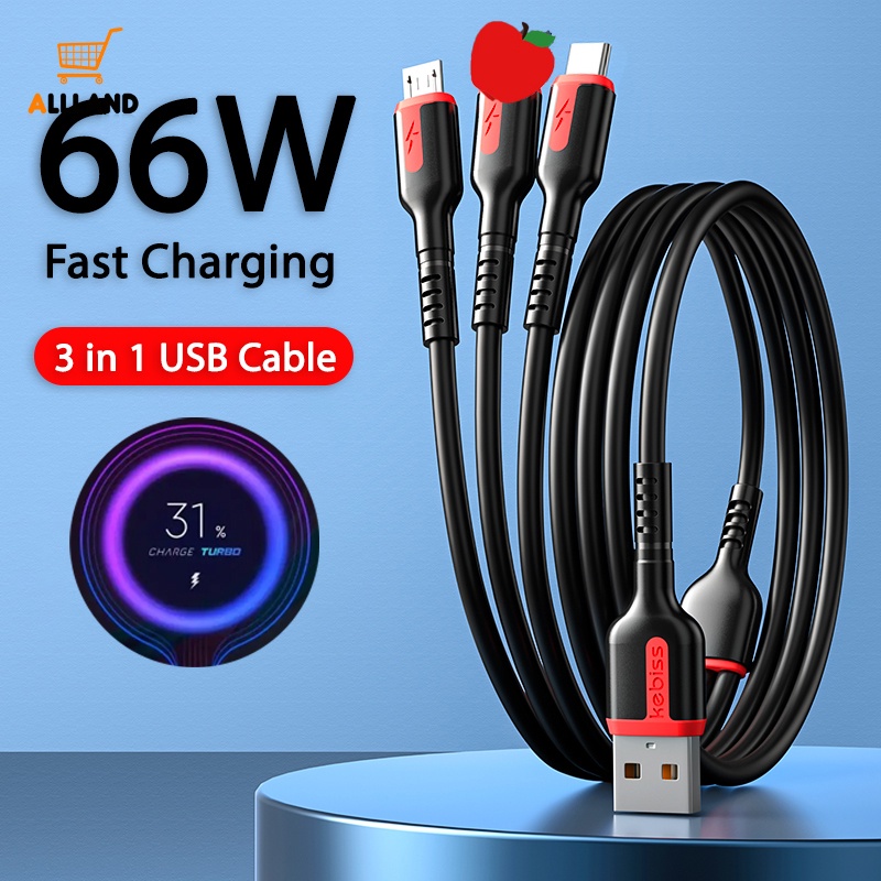 Kabel Data 3in1 Spring Retractable Multifungsi/ Port USB Tipe C 66W 6A Kawat Pengisian Cepat/ Kabel Charge Hp Universal Untuk Android