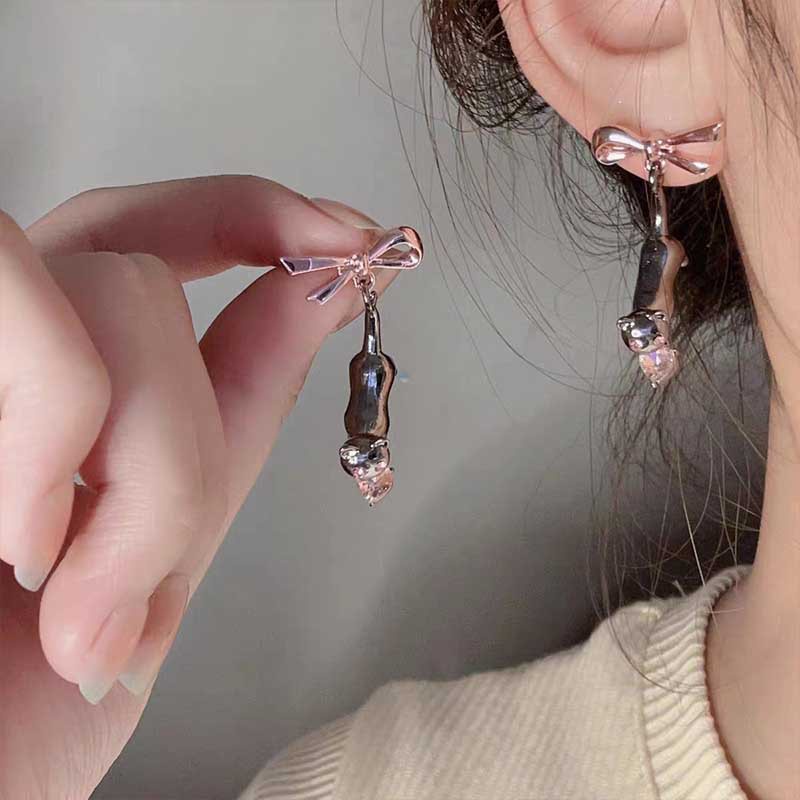 Jepang Gaya Kucing Hitam Anting Merah Muda Hati Berlian Imitasi Drop Earrings Manis Ikatan Simpul Stud Earrings Wanita Gadis Siswa Lucu Anting-Anting Y2k Estetik Perhiasan Aksesoris