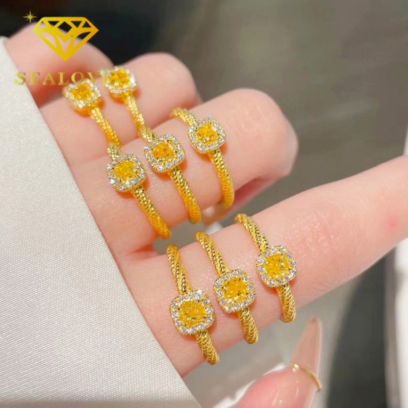 Cincin Titanium Wanita Anti Karat Asli Berlian Kristal Kuning Emas 18K Mewah Cantik Korea Aksesoris Perhiasan