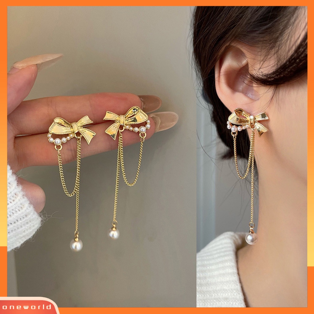 [WOD] 1pasang Drop Earrings Temperamen Busur-Simpul Mutiara Imitasi Geometris Shiny Hias Hadiah Wanita Panjang Rumbai Liontin Anting Perhiasan Fashion Untuk Perjamuan