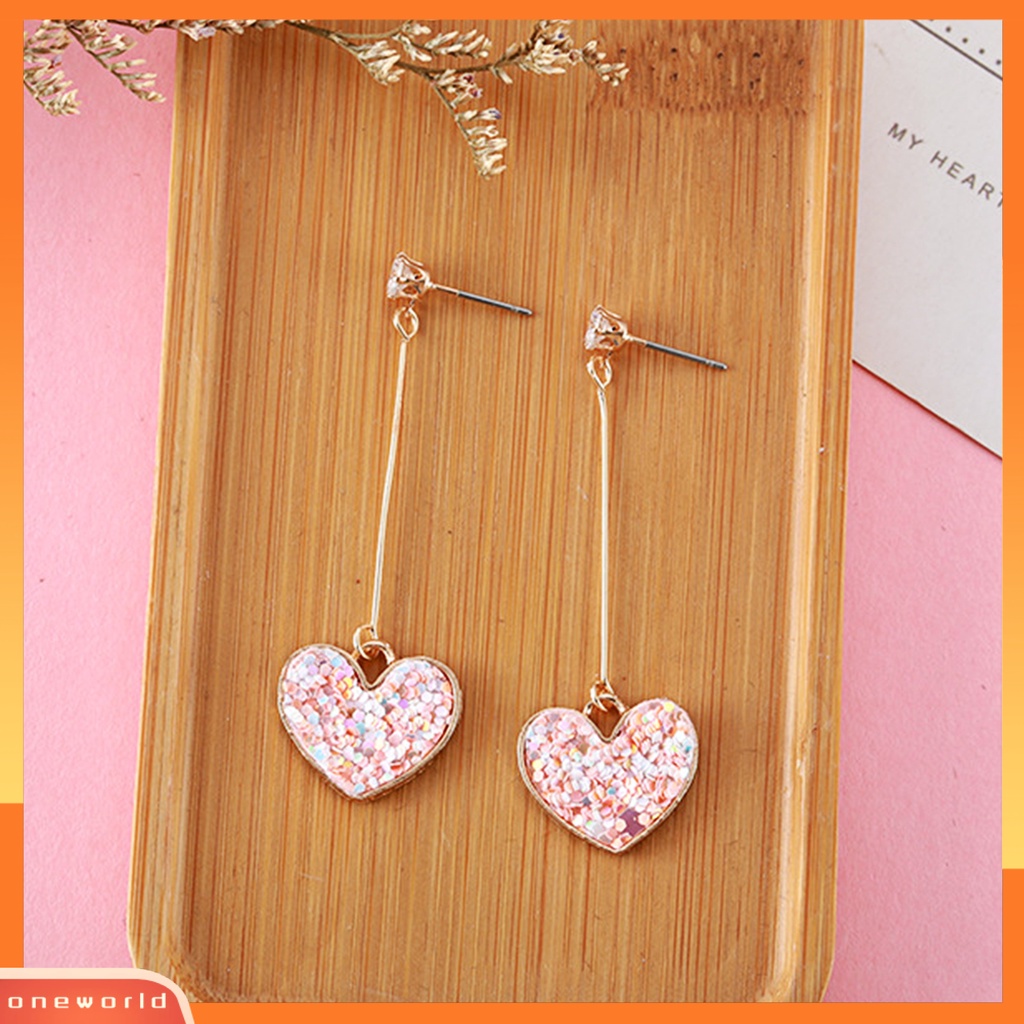 [WOD] 1pasang Anting Tusuk Sequin Bentuk Hati Menjuntai Cubic Zirconia Alloy Panjang Untuk Hari Valentine