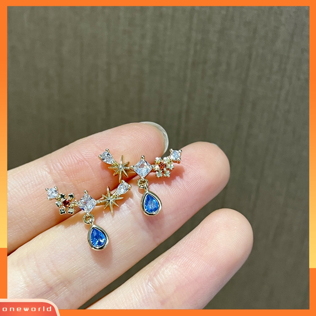 [WOD] Kalung Wanita Vintage Tahan Aus Anting Tembaga Silver Post Blue Water Drop Zircon Untuk Musim Panas