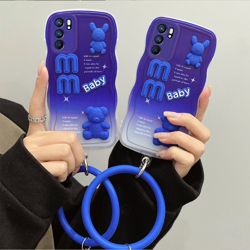Andyh Desain Baru Untuk OPPO Reno6 4G Case 3D Cute Bear+ Solid Color Bracelet Fashion Premium Gradient Soft Phone Case Silikon Shockproof Casing Pelindung Penutup Belakang