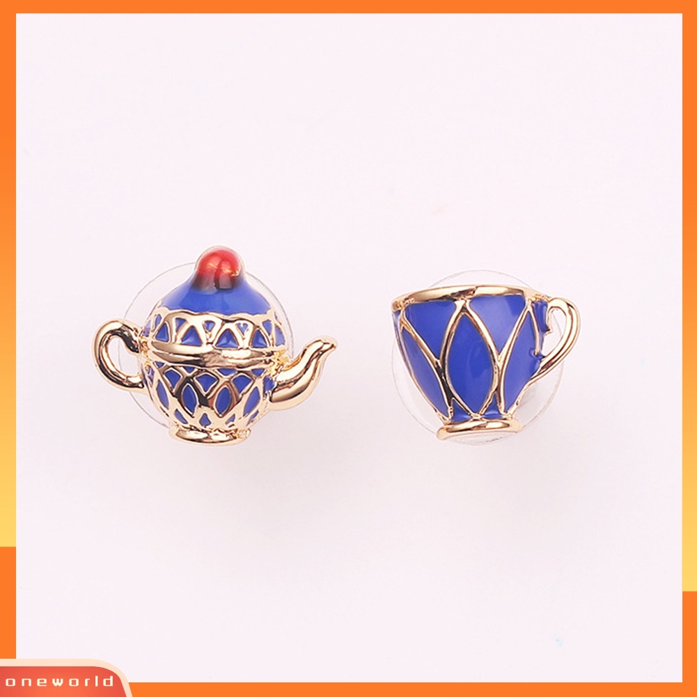 [WOD] Vintage Enamel Asimetris Teko Cangkir Liontin Wanita Stud Earrings Hadiah Perhiasan