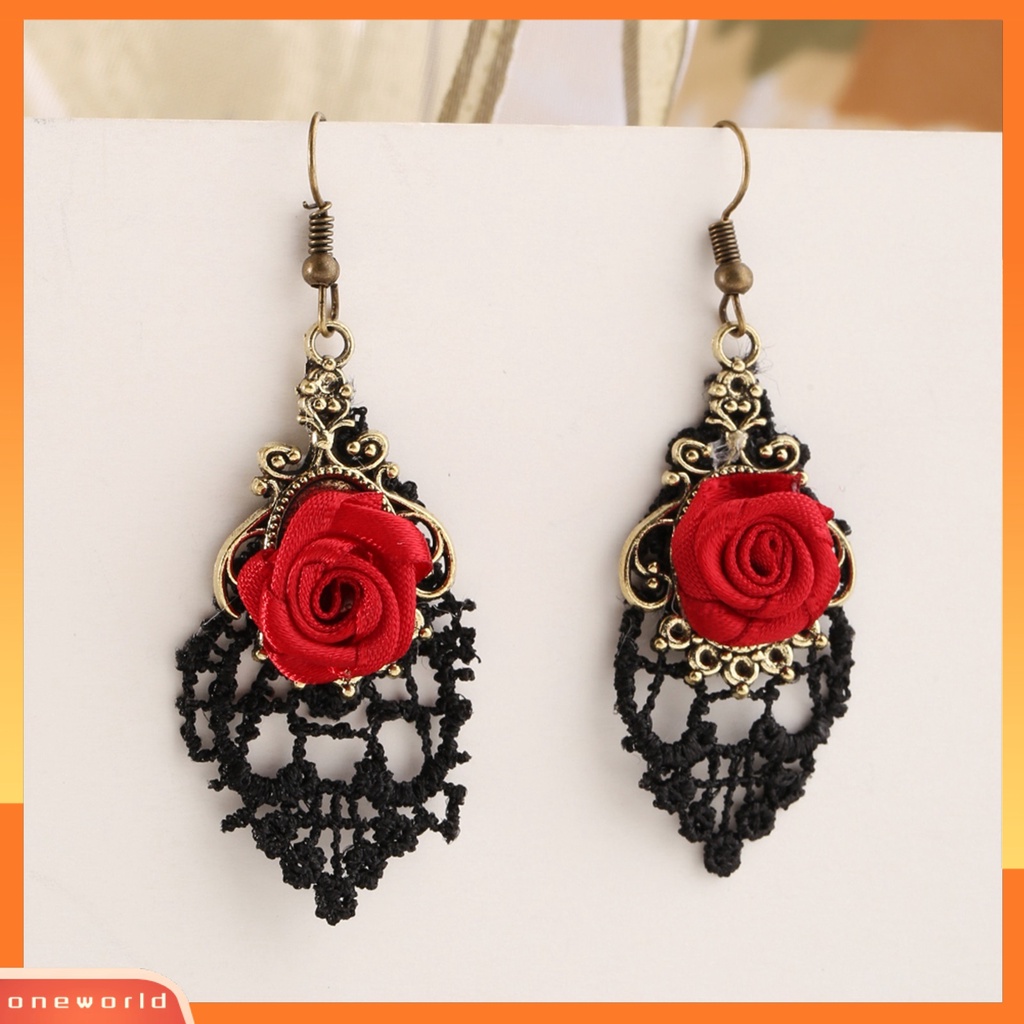 [WOD] 1pasang Fashion Wanita Renda Mawar Merah Berongga Menjuntai Kait Anting Perhiasan Hadiah