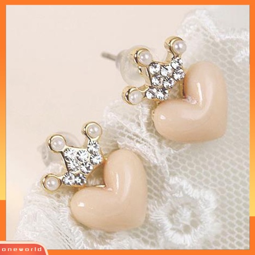 [WOD] 1pasang Fashion Wanita Manis Mutiara Imitasi Berlian Imitasi Mahkota Hati Studs Earrings