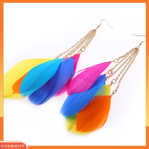 [WOD] Lady Bohemian Warna Kontras Handmade Bulu Panjang Menjuntai Eardrops Anting Kait