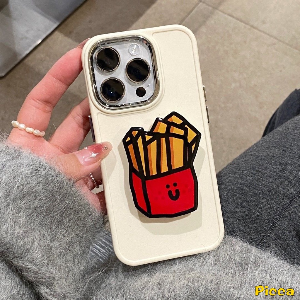 IPHONE Casing Frame Lensa Bahan Metal Plating Mewah Kompatibel Untuk Iphone7 8 Plus 11 14 12 13 Pro MAX X XR XS MAX Sederhana Warna Solid Cover Dengan Beruang Lucu Puppy Pisang Kentang Goreng Bracket Aksesoris