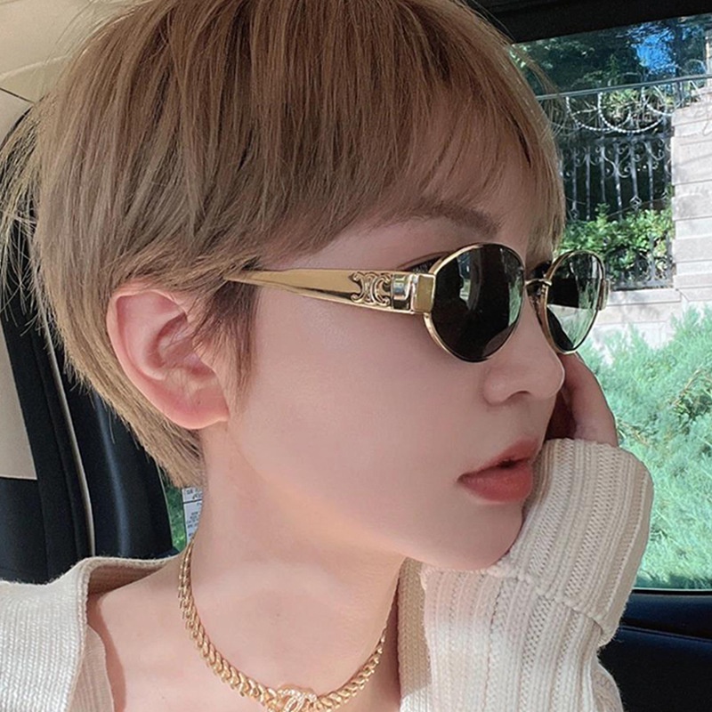 (YUZHU) Logam Vintage Oval Bingkai Kacamata Hitam Wanita Barat Fashion Kepribadian Babes Sunglasses