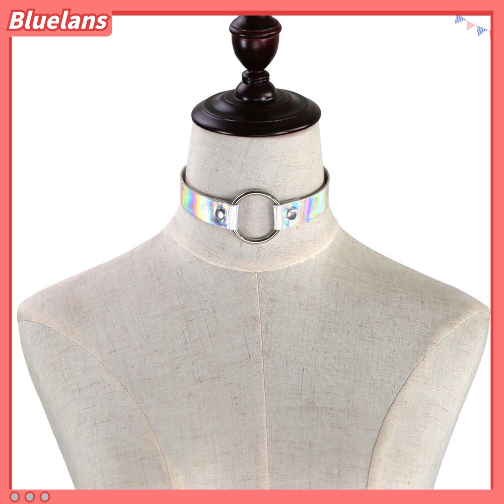 [BLS] Wanita Logam Hologram Logam O-Ring Faux Kulit Chic Choker Necklace