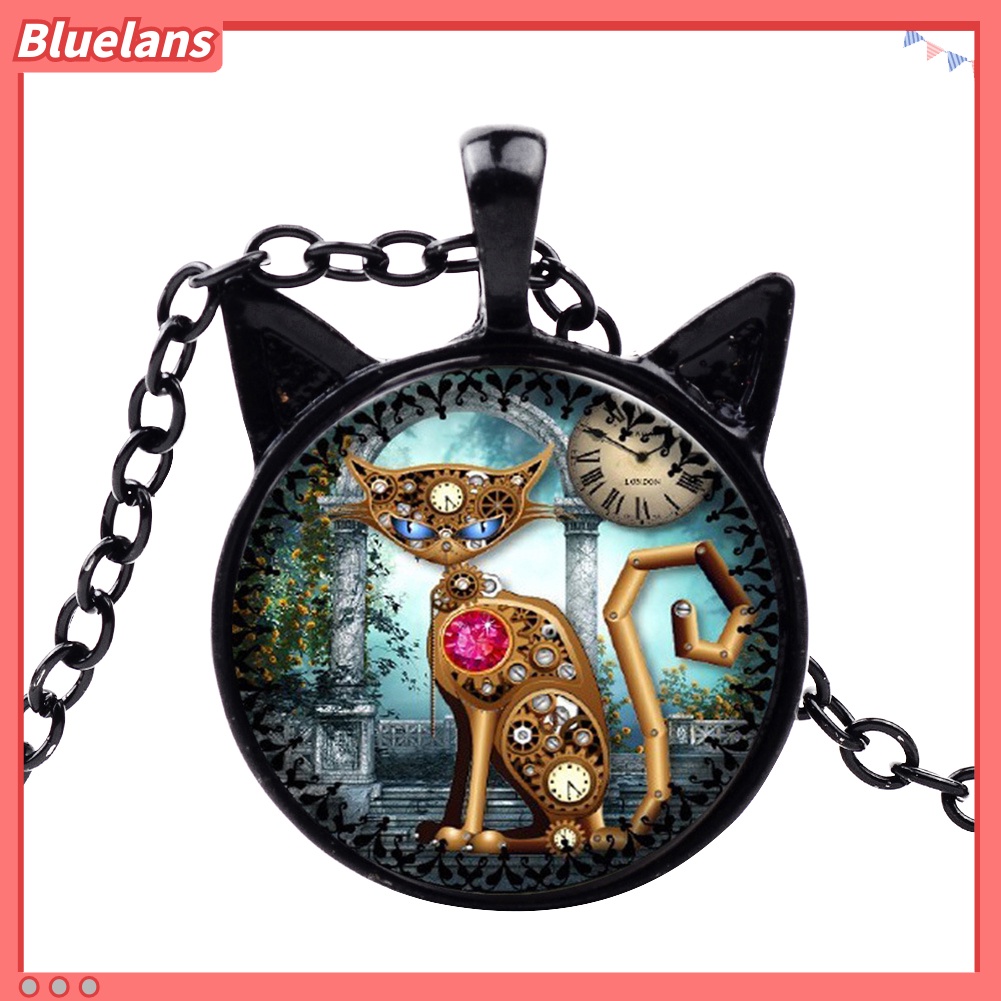 [BLS] Unisex Kucing Kaca Cabochon Liontin Vintage Perhiasan Rantai Sweater Kalung Hadiah