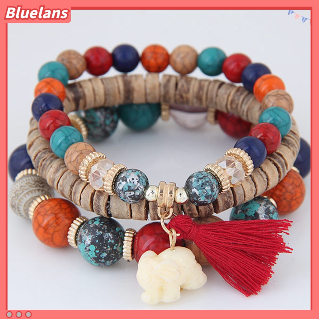 [BLS] 3pcs/set Tali Elastis Multilayer Resin Wanita Gelang Wanita Bohemia Gajah Rumbai Manik-Manik Gelang Perhiasan Aksesori