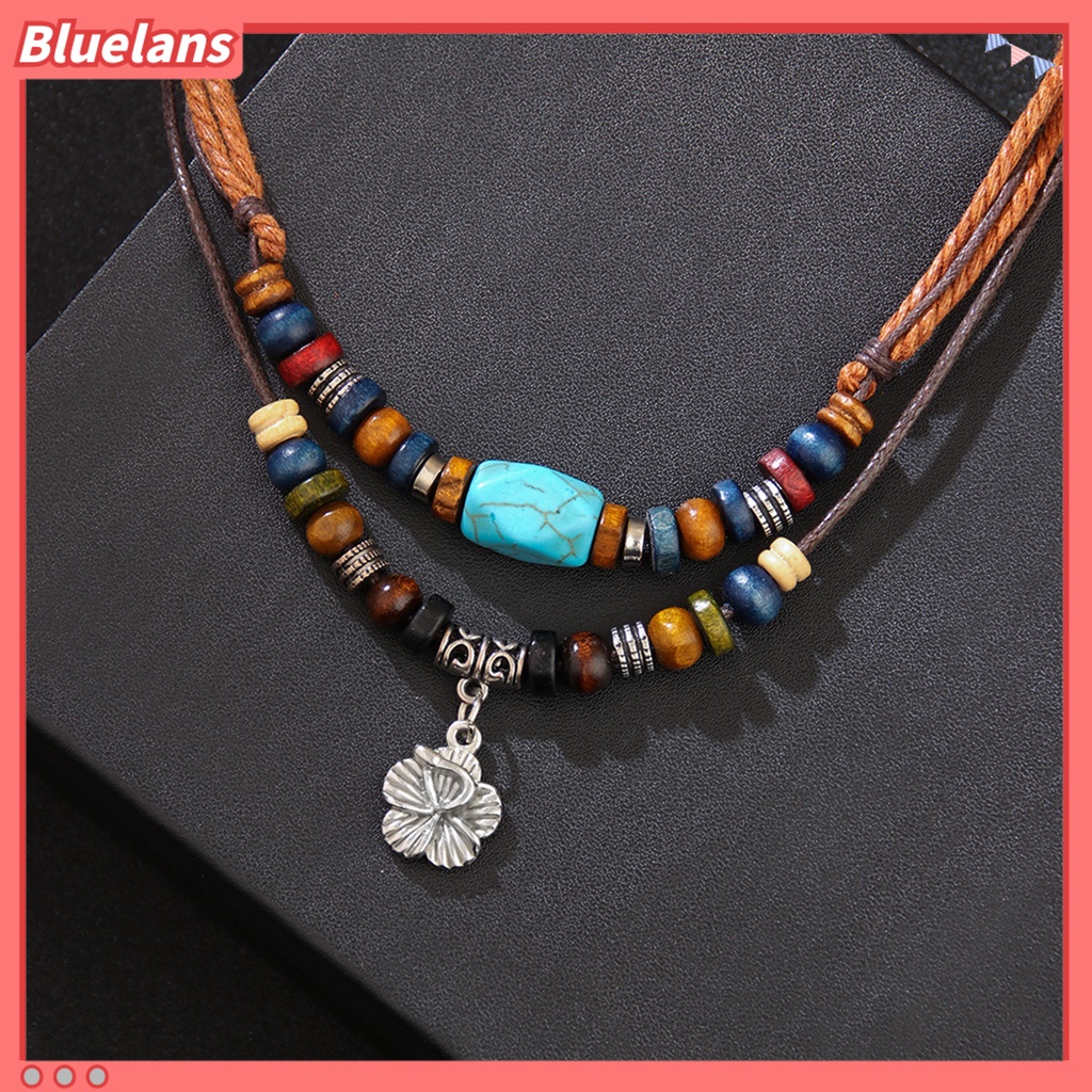 [BLS] Pria Kalung Berlapis Gaya Etnik Logam Bunga Liontin Lilin Tali Manik-Manik Kayu Turquoise Klavikula Rantai Perhiasan Aksesoris