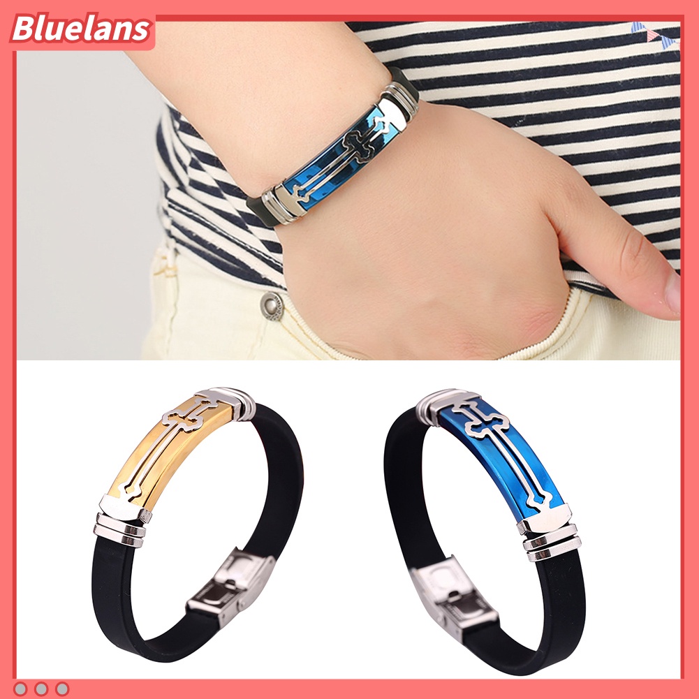 [BLS] Fashion Motif Salib Logam Silikon Band Pria Wrist Decor Gelang Bangle