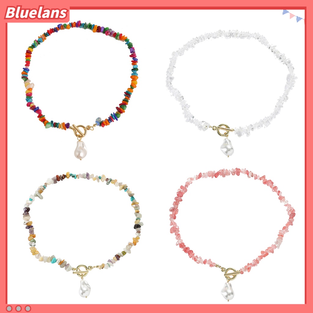 [BLS] Wanita Kalung Tidak Teratur Warna-Warni Batu Alam Manik-Manik Rantai Gaun Elegan Fashion Perhiasan Batu Kalung Mutiara Imitasi Klavikula Rantai Perhiasan Hadiah