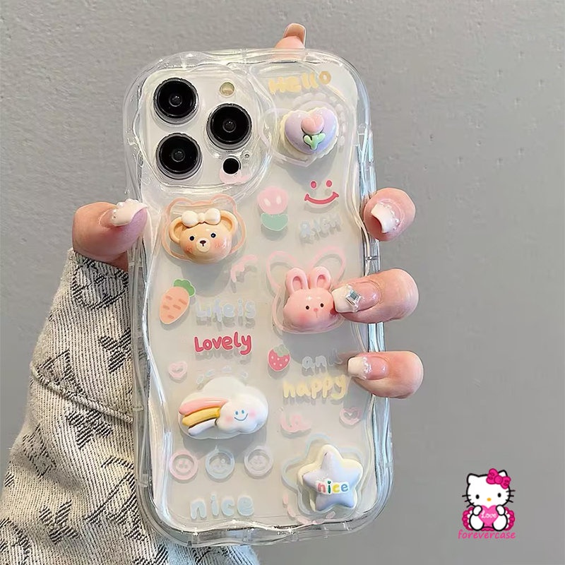 IPHONE Casing 3D Wavy Curved Edge Soft Glossy Kompatibel Untuk Iphone11 14 12 13 Pro Max 7 8 6 6s Plus XR XS X Max SE 2020 Kartun DIY Boneka Lucu Beruang Monster Star Rabbit Rainbow Phone Cover