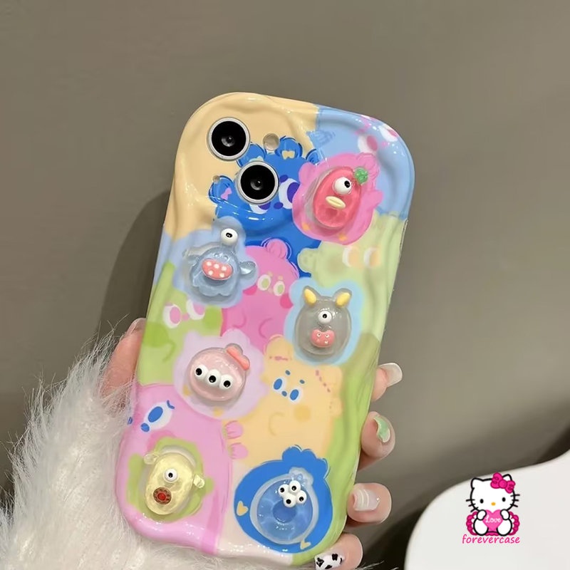 IPHONE Casing 3D Wavy Curved Edge Soft Glossy Kompatibel Untuk Iphone11 14 12 13 Pro Max 7 8 6 6s Plus XR XS X Max SE 2020 Kartun DIY Boneka Lucu Beruang Monster Star Rabbit Rainbow Phone Cover