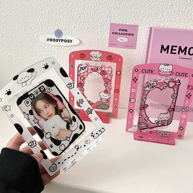 Kartun Puppy Rotatable Bingkai Foto 3inch Kpop idol Photocard Akrilik Display Frame Desktop Card Holder