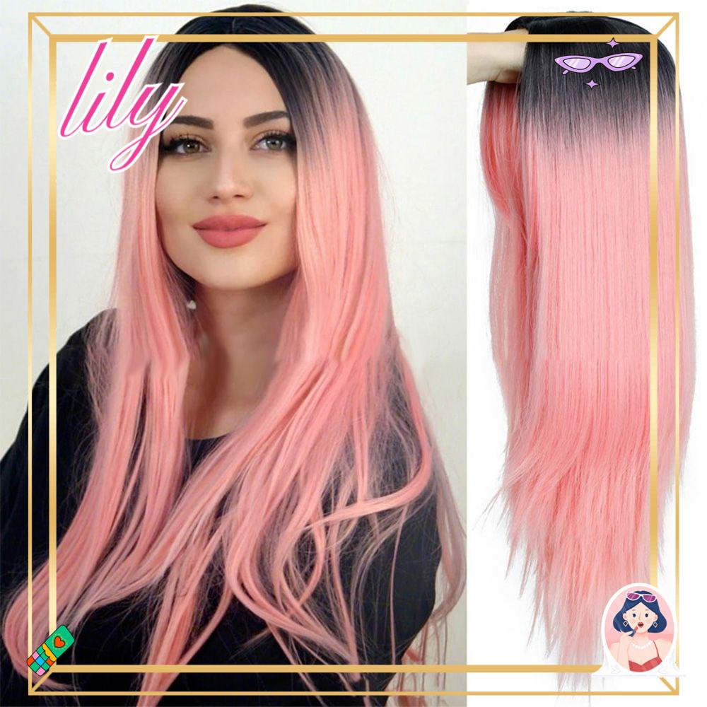 Lily Wig Wanita Fashion Middle Score Rambut Tebal Tombol Subnet Wig Penuh