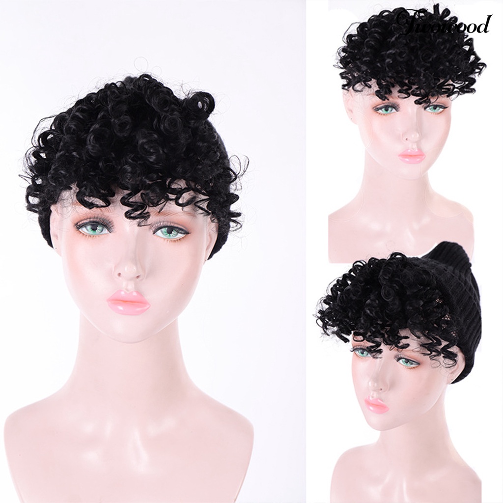 Twowood Wanita Keriting Hitam Wig Tahan Panas Sopak Alami Bang Rambut Ekstensi