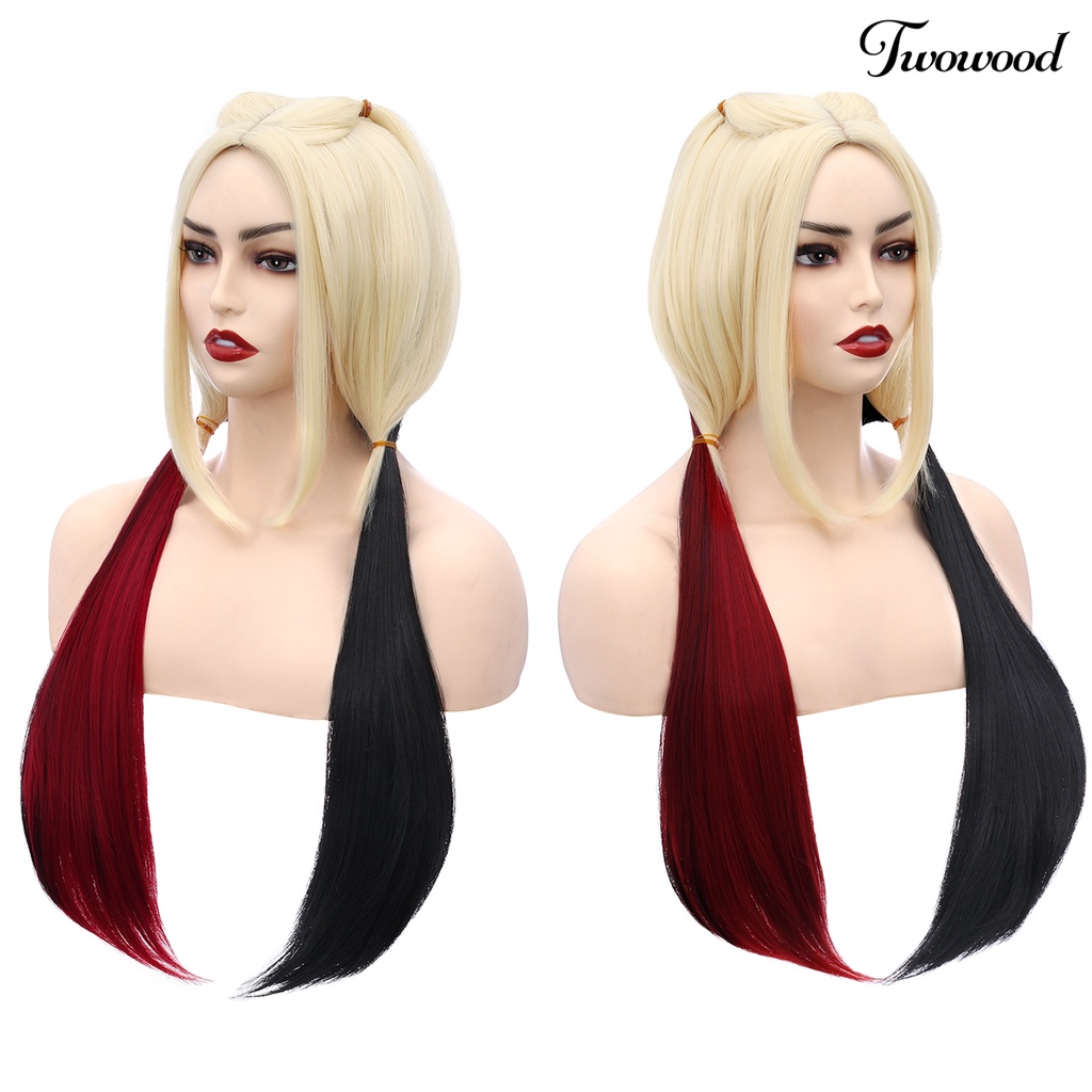 Twowood Cosplay Wig Halus Hitam Merah Putih Lembut Tahan Panas Kostum Rambut Sintetis Lurus Panjang Untuk Pesta Bertema