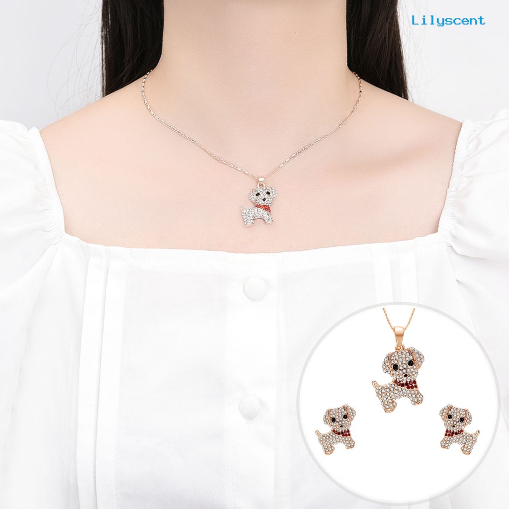 [LS]1 Set Wanita Anjing Kalung Indah Mewah Elegan Dainty Golden Hadiah Padat Berlian Imitasi Bertatahkan Puppy Stud Earrings Kit Fashion Perhiasan