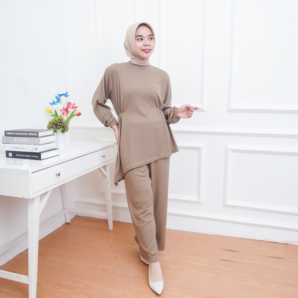 BEFAST - ZNF OOTD WANITA SETELAN NONI / One Set Ivone RIB Knit / Oneset Model Terbaru / Fashion Casual Remaja ABG / Set Atasan Lengan Panjang+Celana Kulot Panjang / Outfit Daily Wanita Hijab / Setelan Polos Formal / Oneset Terlaris