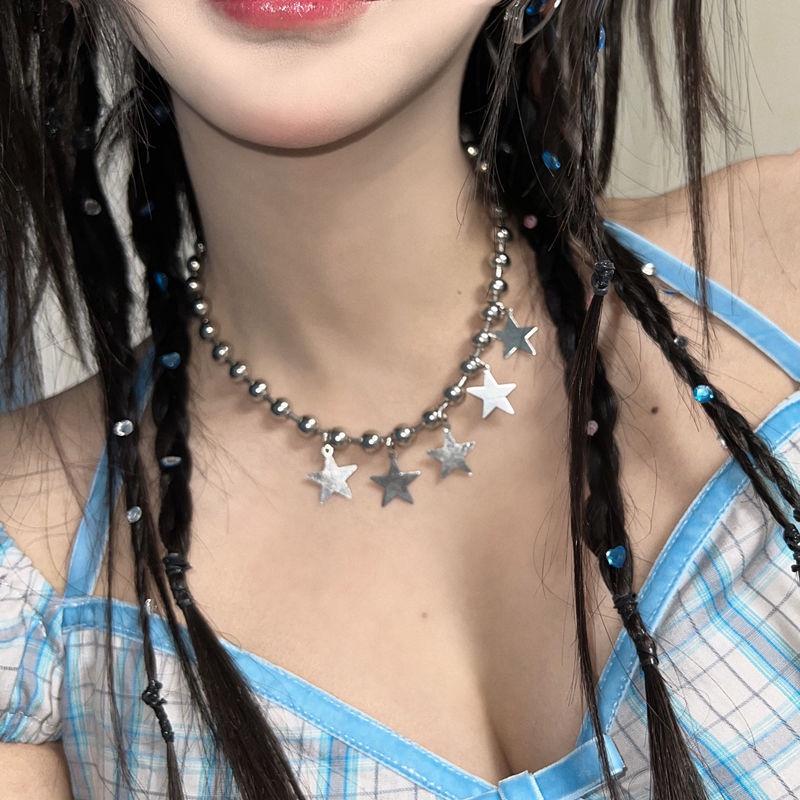 Y2k Pentagram Pesona Manik-Manik Rantai Choker Pesta Trendi Hip Hop Korea Fashion Perhiasan Bintang Mengkilap Liontin Kalung Gadis Keren